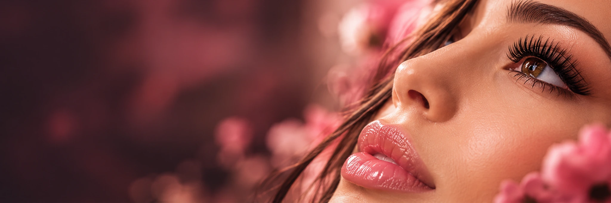 Modelo adulta em composição beauty com destaque para cílios e lábios